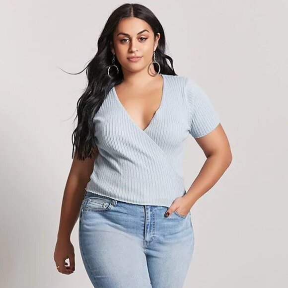 Forever 21 Light Blue Ribbed Short Sleeve Wrap Sweater 2X - Picture 1 of 6